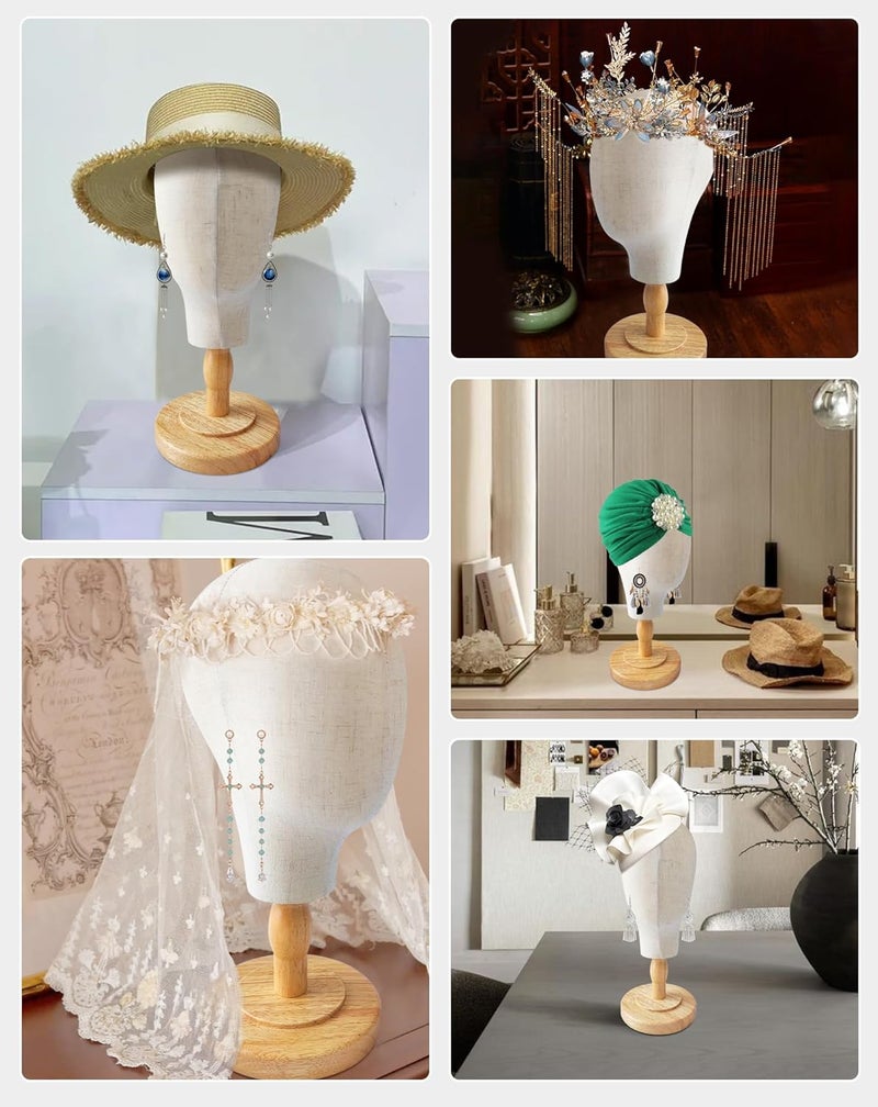CHADWICK Canvas Wig Head Stand with Detachable Wood Stand - Great for Hats, Caps Display and Wig Making, 21Inch Mannequin Head Block, Dome Model Head, Helmet Jewelry Glasses Headband Display - Image 5